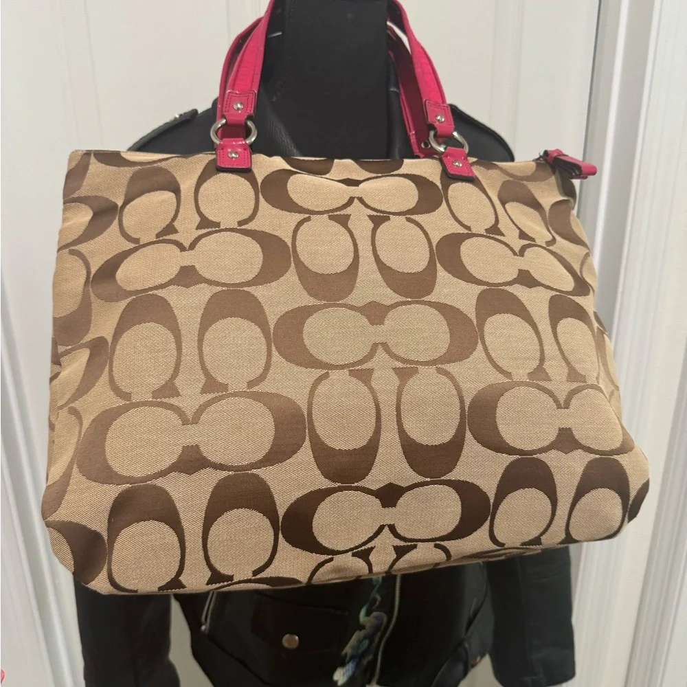 Coach Poppy Brown and Fuchsia Canvas Tote